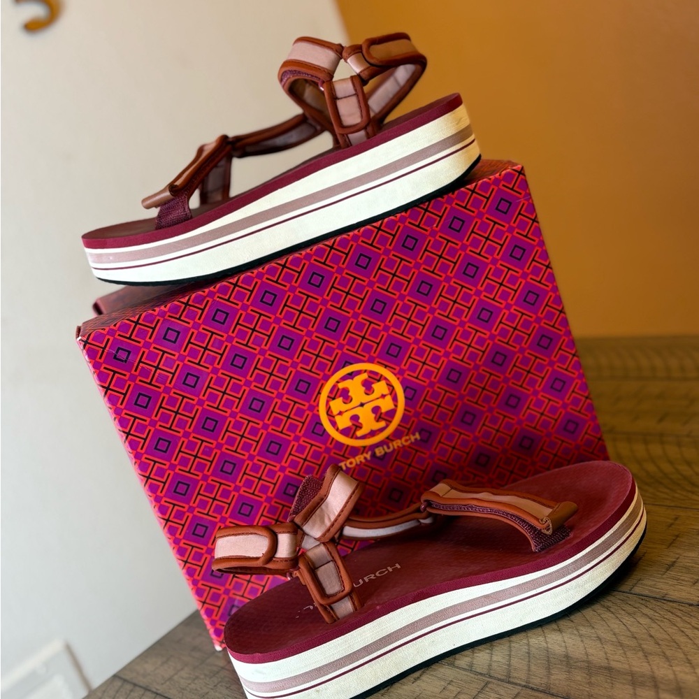 Tory Burch Burgundy and Tan Platform Sandals